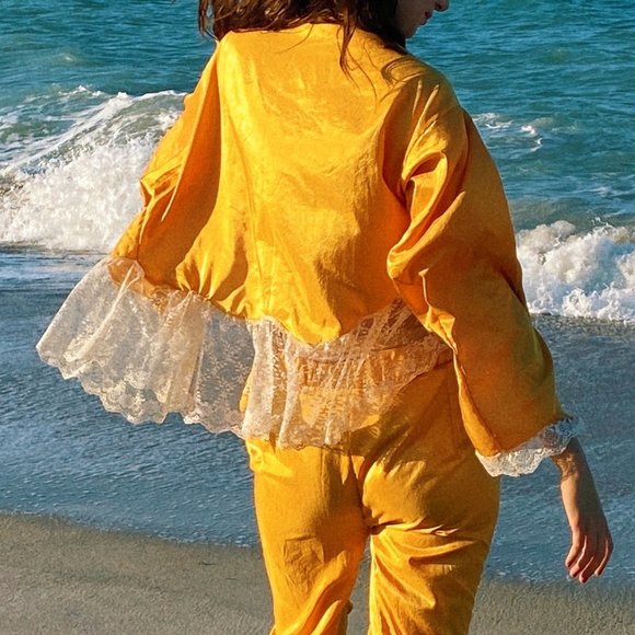Vintage Mustard Gold High Waist Flare Pants Set